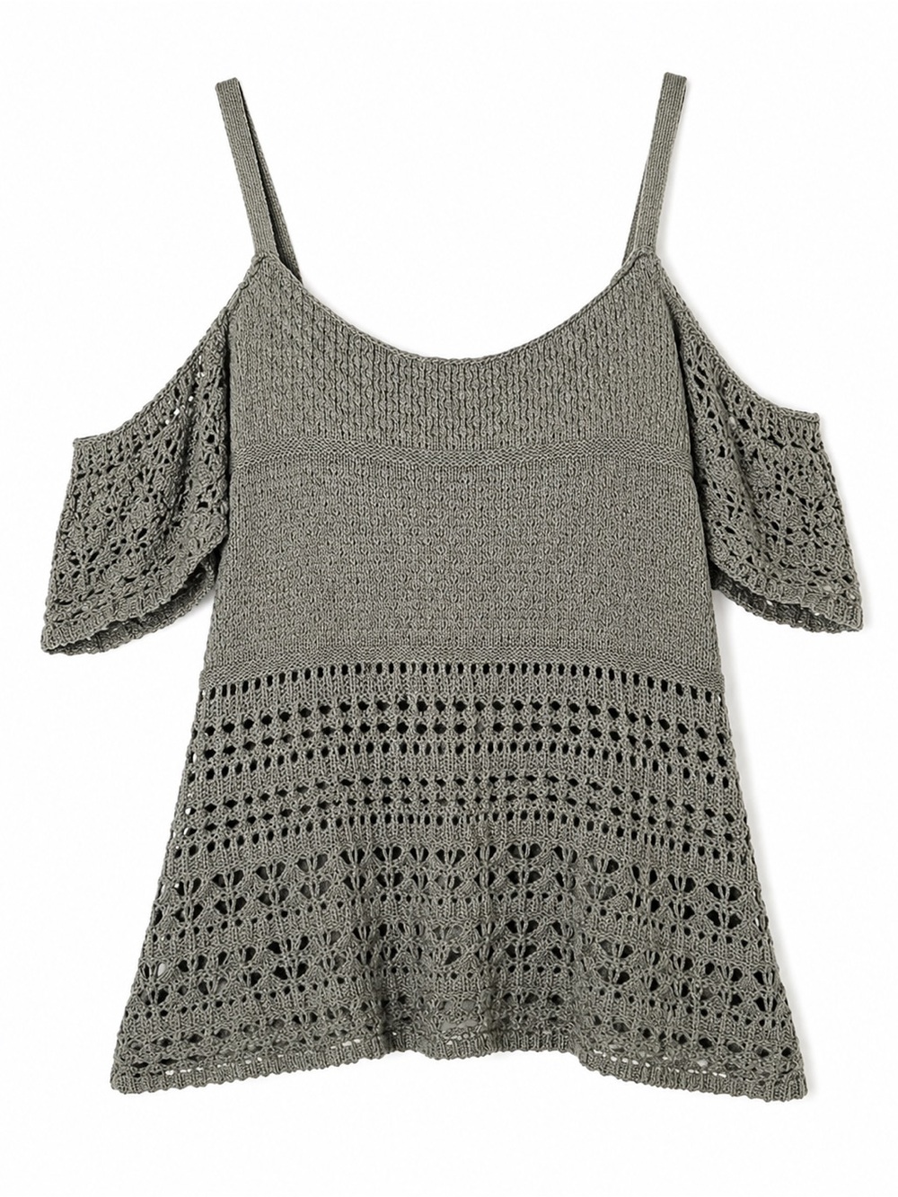 EARTHBOUND Olive Green Crochet Cold-Shoulder Knit Top